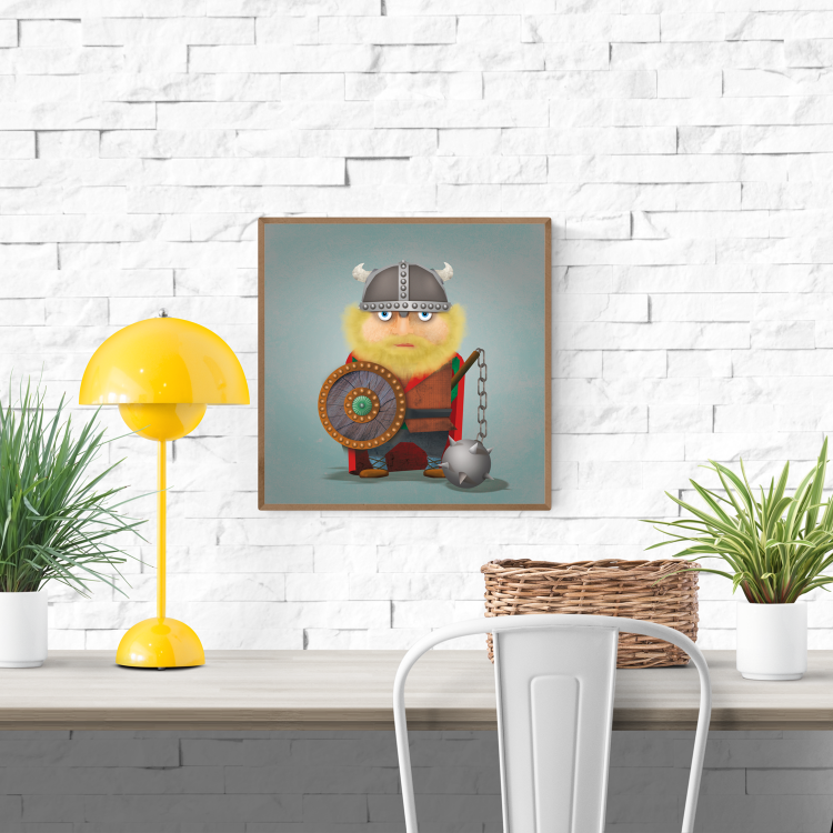 Funny cartoon illustration of a Viking warrior with a blond beard, horned helmet, shield, and spiked mace, titled “Harald the Viking” by Studio Frits – 30 x 30 cm art print.