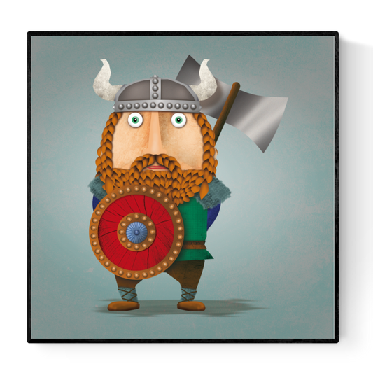 Whimsical Viking character with horned helmet, red shield, and axe – Ragnar the Viking by Studio Frits, 30 x 30 cm art print made in Belgium.