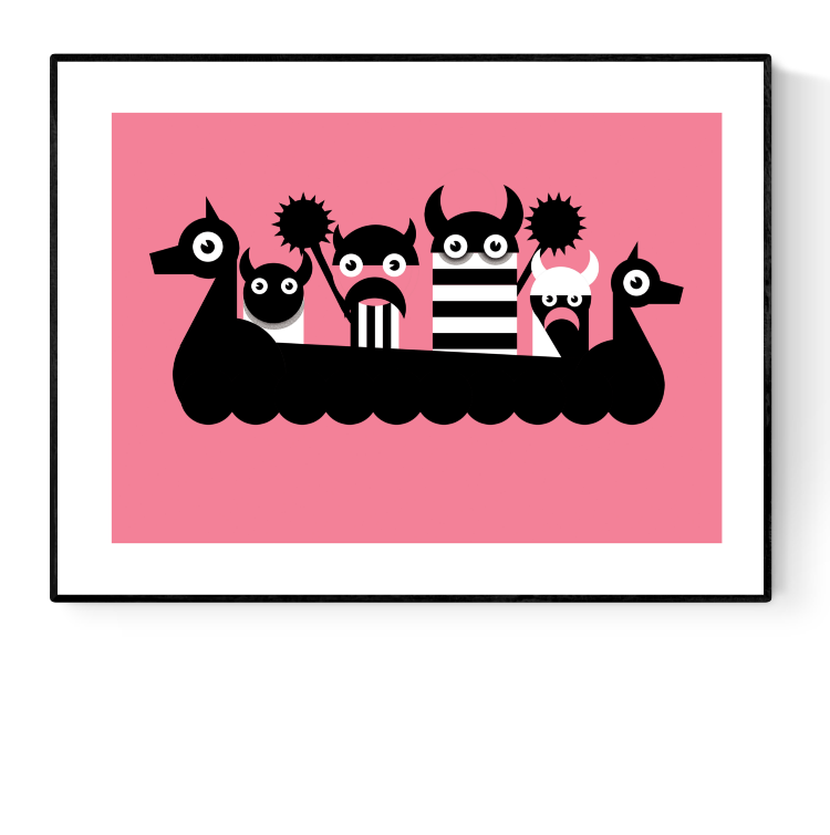 Bold and minimalist silkscreen print titled Vikings by Belgian illustrator Studio Frits, featuring five stylized Viking characters in black-and-white aboard a dragon-shaped longship on a vivid pink background. Printed on 300g paper, 30x40 cm.