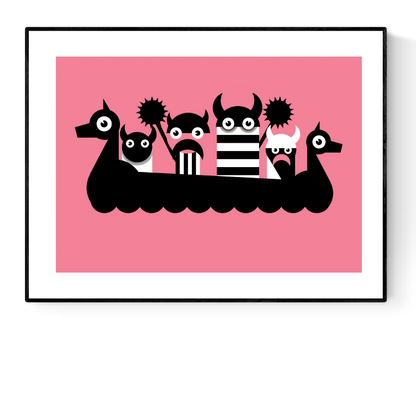 Bold and minimalist silkscreen print titled Vikings by Belgian illustrator Studio Frits, featuring five stylized Viking characters in black-and-white aboard a dragon-shaped longship on a vivid pink background. Printed on 300g paper, 30x40 cm.