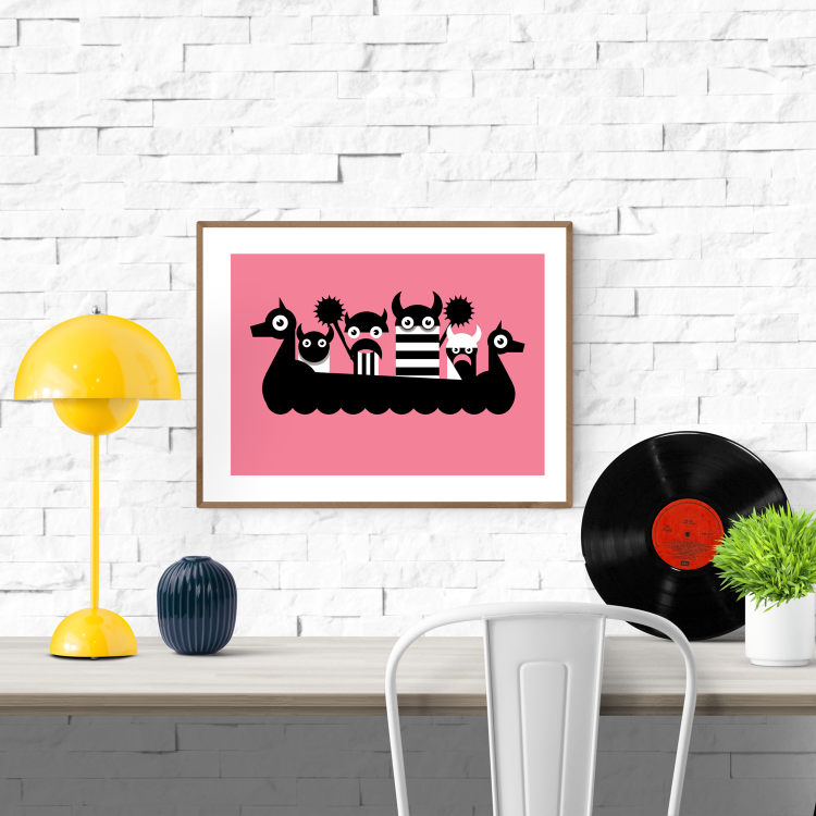 Bold and minimalist silkscreen print titled Vikings by Belgian illustrator Studio Frits, featuring five stylized Viking characters in black-and-white aboard a dragon-shaped longship on a vivid pink background. Printed on 300g paper, 30x40 cm.