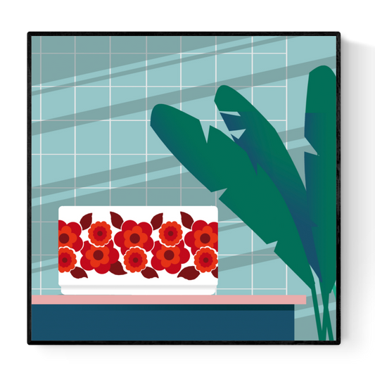 Stylish modern illustration by Studio Frits titled 'Arcopal Lotus Bowl,' featuring a vintage Arcopal dish with its iconic red floral pattern placed on a pastel pink shelf against a tiled retro kitchen wall. Accented with bold tropical leaves, this vibrant artwork blends nostalgia with contemporary minimalism—perfect for vintage lovers, kitchen art collectors, and fans of mid-century design