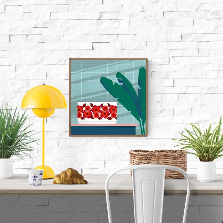 Stylish modern illustration by Studio Frits titled 'Arcopal Lotus Bowl,' featuring a vintage Arcopal dish with its iconic red floral pattern placed on a pastel pink shelf against a tiled retro kitchen wall. Accented with bold tropical leaves, this vibrant artwork blends nostalgia with contemporary minimalism—perfect for vintage lovers, kitchen art collectors, and fans of mid-century design