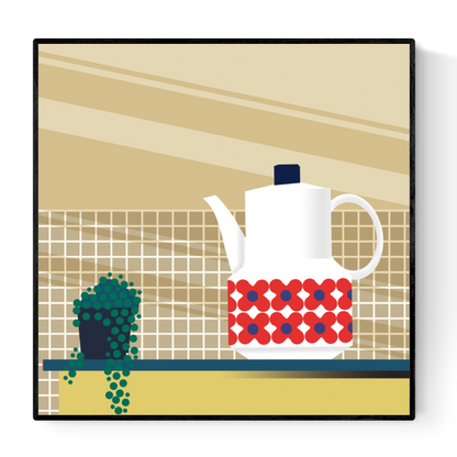 Charming vintage-style illustration by Studio Frits titled 'Bavaria Coffeepot,' featuring a retro porcelain coffee pot with bold red and blue floral motifs, set on a tiled kitchen counter with a hanging string-of-pearls plant. A warm and nostalgic tribute to mid-century kitchenware and European design