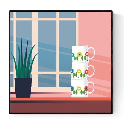 Modern silkscreen illustration titled Vintage Coffee Cups by Belgian illustrator Studio Frits, featuring three retro floral mugs stacked on a windowsill next to a potted plant, with soft pink and blue color tones. Printed on 300g paper, 30x30 cm.