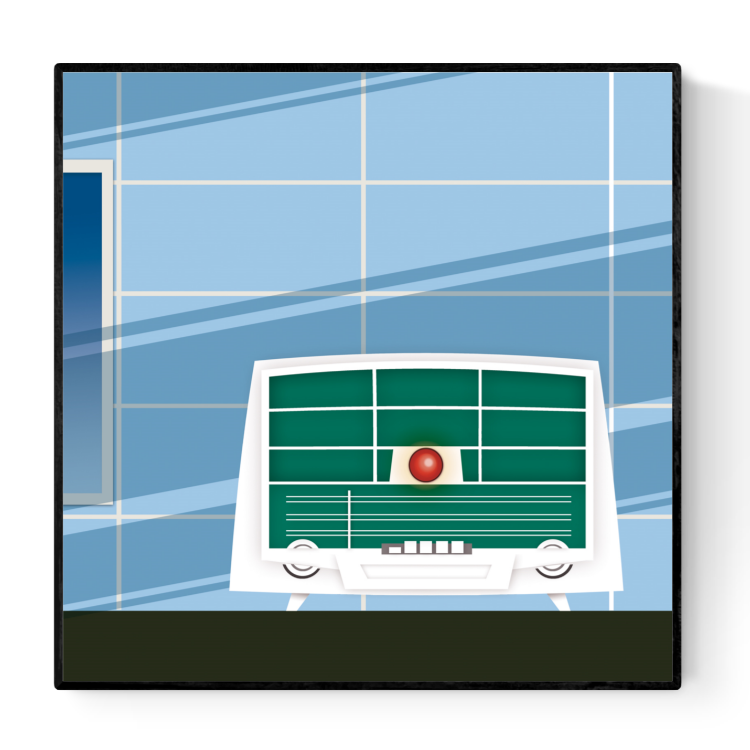 Retro-inspired illustration of a vintage Sonora radio in green and white, set against a stylized blue tiled wall with modern geometric shadows. Minimalist mid-century artwork by Studio Frits, printed in Belgium on 300g paper, ideal for vintage kitchen or living room decor.