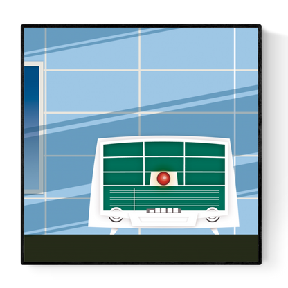 Retro-inspired illustration of a vintage Sonora radio in green and white, set against a stylized blue tiled wall with modern geometric shadows. Minimalist mid-century artwork by Studio Frits, printed in Belgium on 300g paper, ideal for vintage kitchen or living room decor.