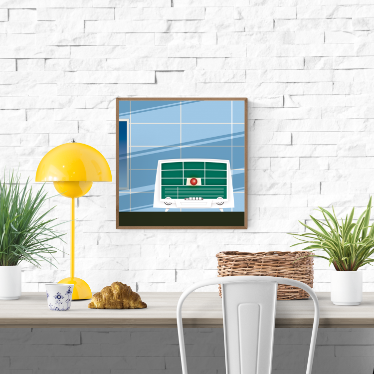 Retro-inspired illustration of a vintage Sonora radio in green and white, set against a stylized blue tiled wall with modern geometric shadows. Minimalist mid-century artwork by Studio Frits, printed in Belgium on 300g paper, ideal for vintage kitchen or living room decor.