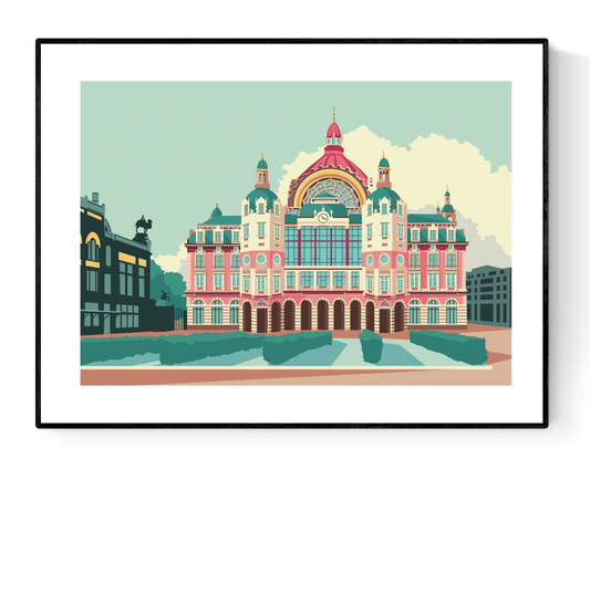 Central Station Antwerp art print by Studio Frits – vibrant architectural illustration of Antwerp's iconic train station in bold pastel tones. Perfect wall decor for architecture lovers, Belgium travel enthusiasts, and collectors of contemporary cityscape prints. Available exclusively at Galerie Frits