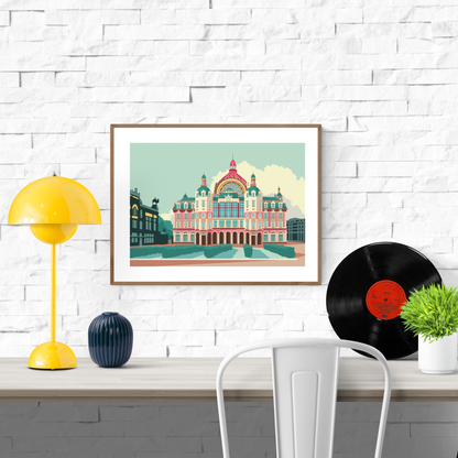 Central Station Antwerp art print by Studio Frits – vibrant architectural illustration of Antwerp's iconic train station in bold pastel tones. Perfect wall decor for architecture lovers, Belgium travel enthusiasts, and collectors of contemporary cityscape prints. Available exclusively at Galerie Frits