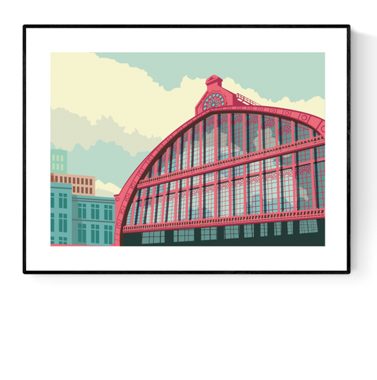 Architectural illustration of the Central Station Dome in Antwerp by Studio Frits – vibrant and modern art print featuring the iconic curved glass and iron roof of Antwerp’s railway station. Perfect wall art for lovers of Belgian architecture, urban landscapes, and European city posters. Available exclusively at Galerie Frits