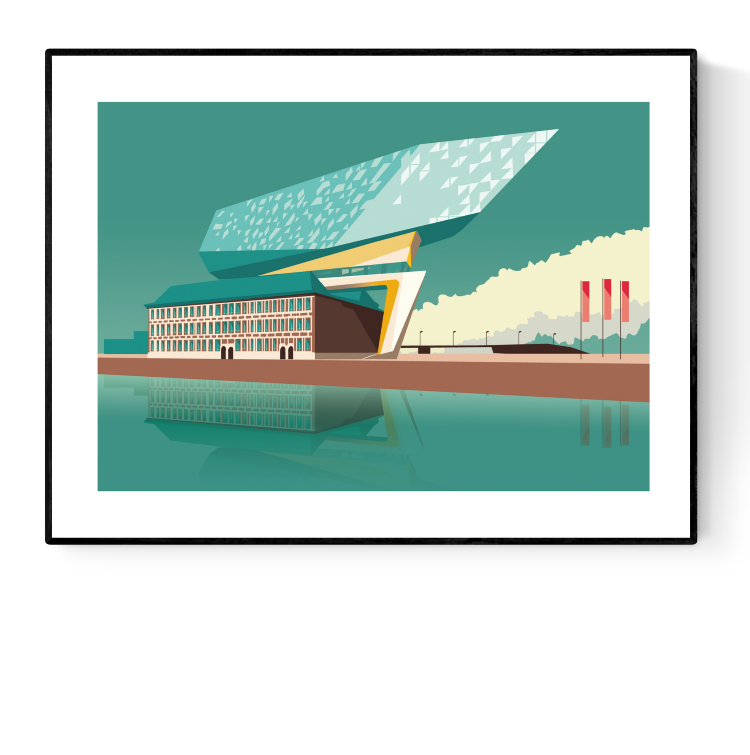 Digital illustration of the Havenhuis Antwerp building by Studio Frits – modern architectural landmark with futuristic glass design over historic base, reflected in turquoise water, printed as a 30x40 cm Belgian art print.