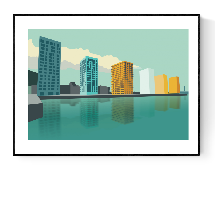 Illustration of Kattendijkdok skyline in Antwerp with colorful modern buildings reflected in calm green water, created by Belgian artist Studio Frits – 30 x 40 cm art print.