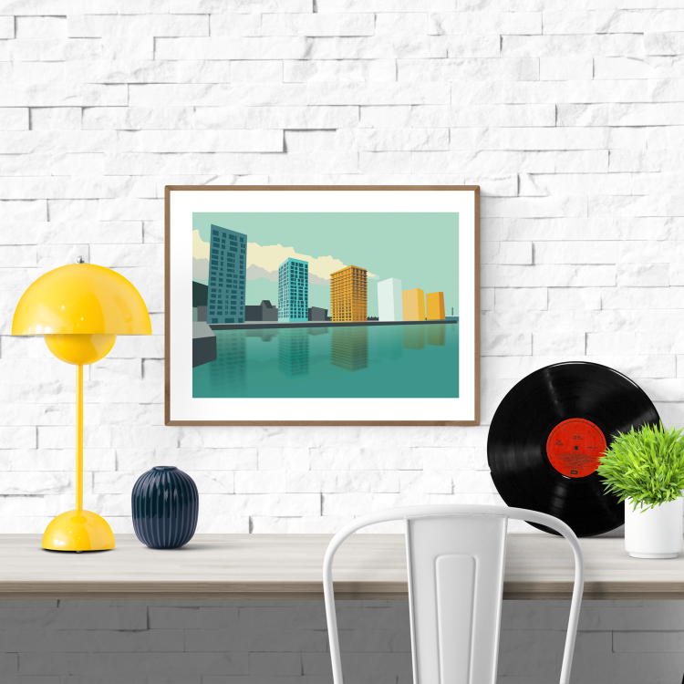 Illustration of Kattendijkdok skyline in Antwerp with colorful modern buildings reflected in calm green water, created by Belgian artist Studio Frits – 30 x 40 cm art print.