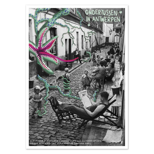 Playful Ondertussen in Antwerpen postcard by Gert Paenen of Studio Frits. A surreal green and pink plant-like monster with twisting tentacles invades a vintage black-and-white Antwerp street scene, blending everyday life with whimsical fantasy and quirky artistic humor.
