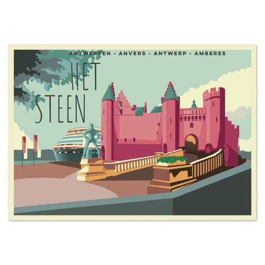 Retro-inspired illustrated postcard of Het Steen Castle in Antwerp, Belgium, by Gert Paenen of Studio Frits. Depicting the historic fortress, the Brabo statue, and a cruise ship in the background, this vibrant artwork celebrates Antwerp’s medieval heritage and riverside charm in warm pastel tones.