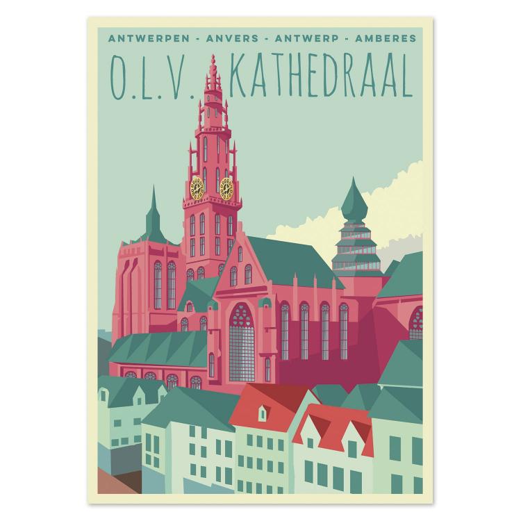 Cathedral Antwerp postcard by Studio Frits – colorful architectural illustration of the Cathedral of Our Lady in Antwerp. Featuring bold pinks, greens, and clean lines in a modern graphic style. Perfect for architecture lovers, Belgium art collectors, and vibrant wall décor. Available at Galerie Frits