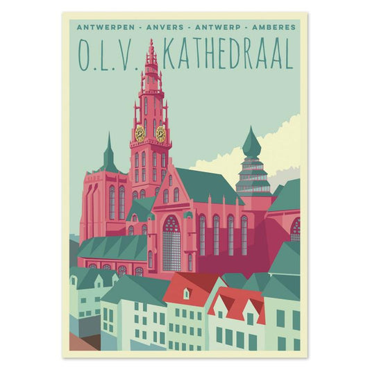 Cathedral Antwerp postcard by Studio Frits – colorful architectural illustration of the Cathedral of Our Lady in Antwerp. Featuring bold pinks, greens, and clean lines in a modern graphic style. Perfect for architecture lovers, Belgium art collectors, and vibrant wall décor. Available at Galerie Frits