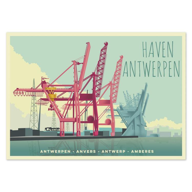 Vibrant illustrated postcard of the Port of Antwerp by Belgian illustrator Gert Paenen of Studio Frits. Featuring pink cargo cranes reflected on calm water under a pastel sky, this retro-style artwork celebrates the industrial beauty and maritime spirit of Antwerp’s famous harbor.