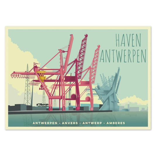 Vibrant illustrated postcard of the Port of Antwerp by Belgian illustrator Gert Paenen of Studio Frits. Featuring pink cargo cranes reflected on calm water under a pastel sky, this retro-style artwork celebrates the industrial beauty and maritime spirit of Antwerp’s famous harbor.