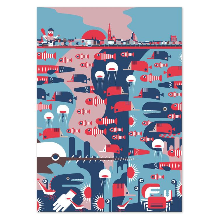 Playful illustrated postcard of Antwerp by Belgian artist Gert Paenen of Studio Frits, showing a colorful underwater world filled with whimsical fish, jellyfish, and sea creatures beneath the city skyline. Rendered in bold red, blue, and pink tones, this vibrant artwork celebrates Antwerp’s folklore and creative spirit with a modern graphic twist.