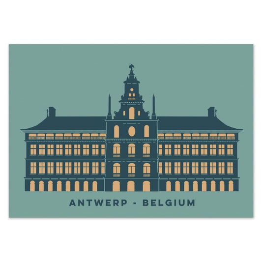 Minimalist illustrated postcard of Antwerp City Hall, Belgium, by Gert Paenen of Studio Frits. Featuring the Renaissance façade in dark blue and warm beige tones against a muted green background, this elegant artwork celebrates one of Antwerp’s most iconic historic landmarks.