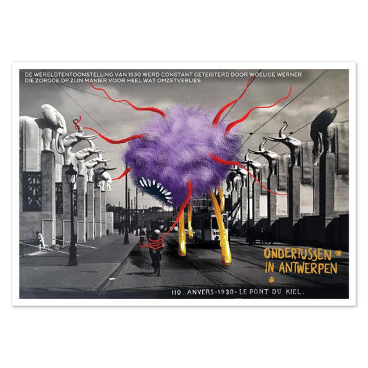 Funny Ondertussen in Antwerpen postcard by Gert Paenen of Studio Frits. A giant purple, hairy monster with red tentacles and yellow legs towers over Antwerp’s 1930 World Fair bridge scene, humorously mixing vintage photography with surreal pop-art imagination and playful urban storytelling.