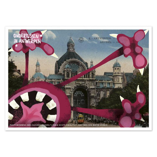 Humorous illustrated postcard Ondertussen in Antwerpen by Gert Paenen of Studio Frits. Featuring Antwerp Central Station with a playful pink monster photobombing the scene, this surreal artwork mixes vintage imagery with bold digital illustration for a fun, imaginative take on the city.