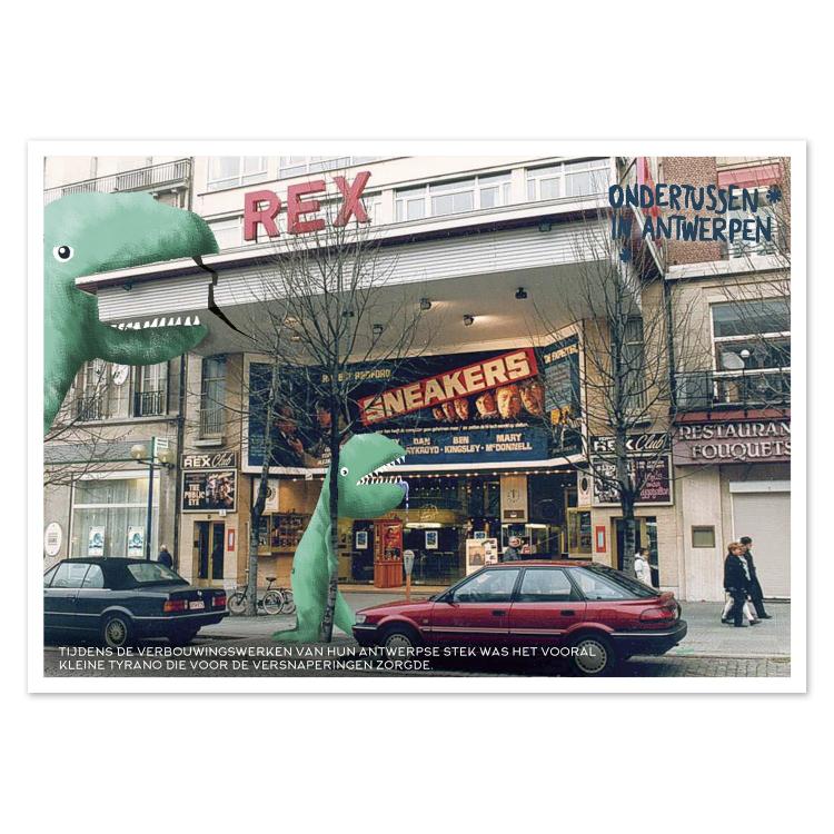 Playful illustrated postcard Ondertussen in Antwerpen by Gert Paenen of Studio Frits. Featuring two friendly green dinosaurs outside Antwerp’s historic Rex cinema, this humorous artwork combines a real city photograph with imaginative creatures for a fun, surreal twist on urban life.