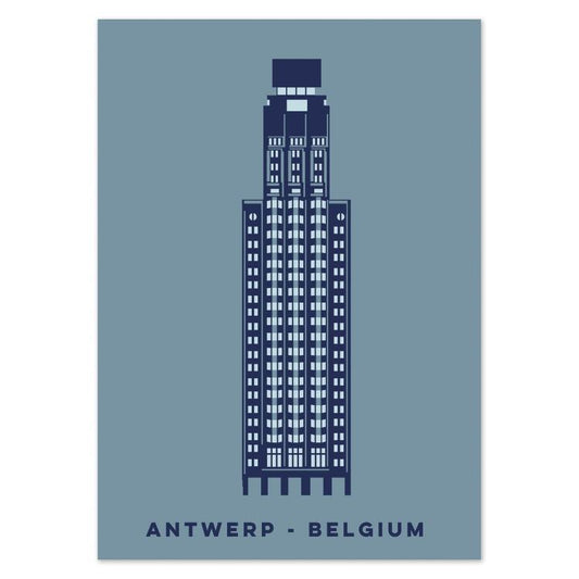Minimalist illustrated postcard of the Boerentoren in Antwerp, Belgium, by Gert Paenen of Studio Frits. This elegant artwork features the iconic Art Deco skyscraper in navy blue tones on a muted grey-blue background, celebrating one of Antwerp’s most famous architectural landmarks with clean modern style.