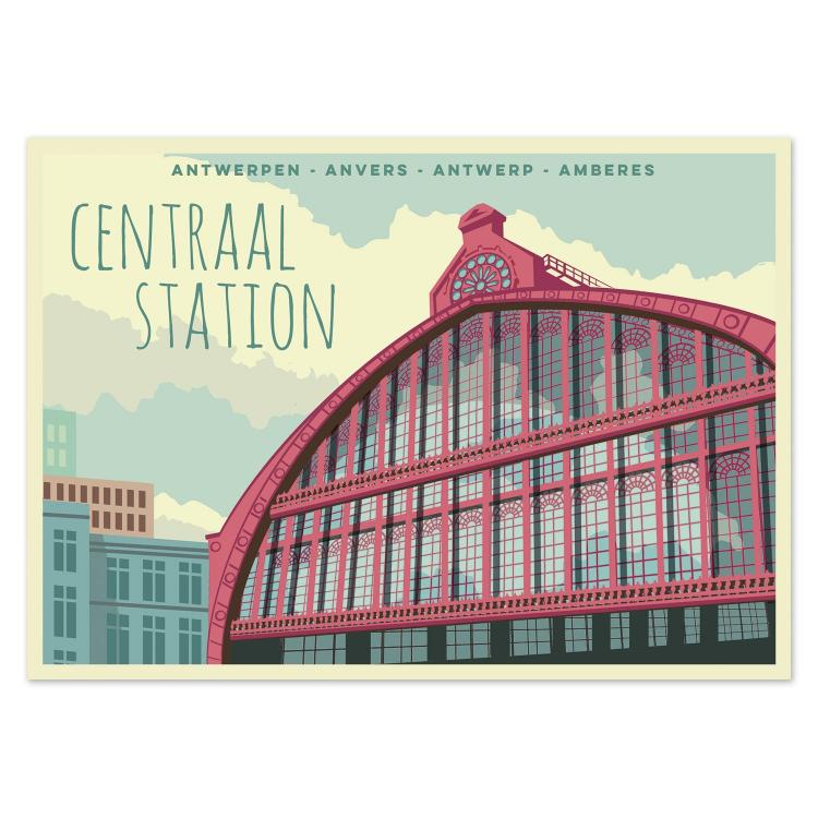 Architectural postcard of the Central Station Dome in Antwerp by Studio Frits – vibrant and modern art print featuring the iconic curved glass and iron roof of Antwerp’s railway station. Perfect wall art for lovers of Belgian architecture, urban landscapes, and European city posters. Available exclusively at Galerie Frits