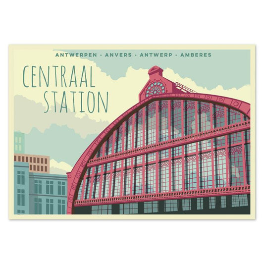 Architectural postcard of the Central Station Dome in Antwerp by Studio Frits – vibrant and modern art print featuring the iconic curved glass and iron roof of Antwerp’s railway station. Perfect wall art for lovers of Belgian architecture, urban landscapes, and European city posters. Available exclusively at Galerie Frits