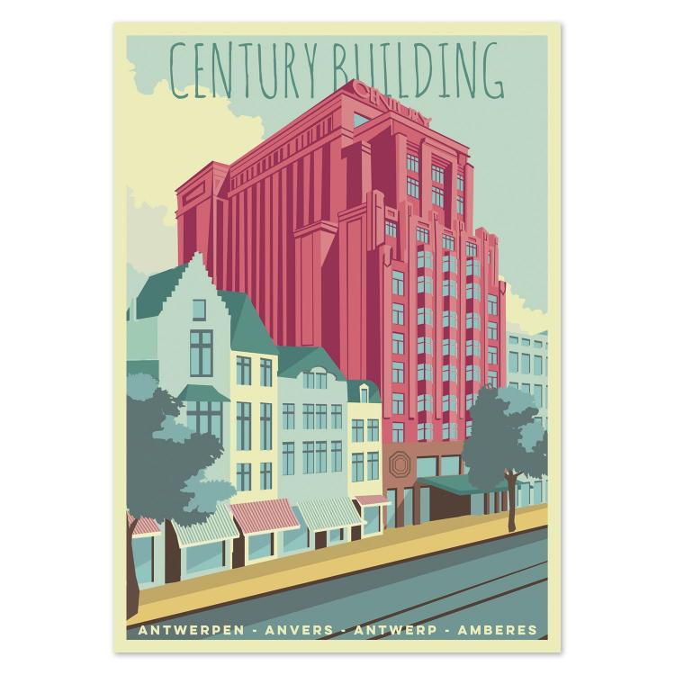 Colorful illustrated postcard of the Century Building in Antwerp, Belgium, designed by Gert Paenen of Studio Frits. The artwork features the iconic red Art Deco building rising above pastel-colored townhouses under a clear sky — a vibrant tribute to Antwerp’s architecture and city charm.