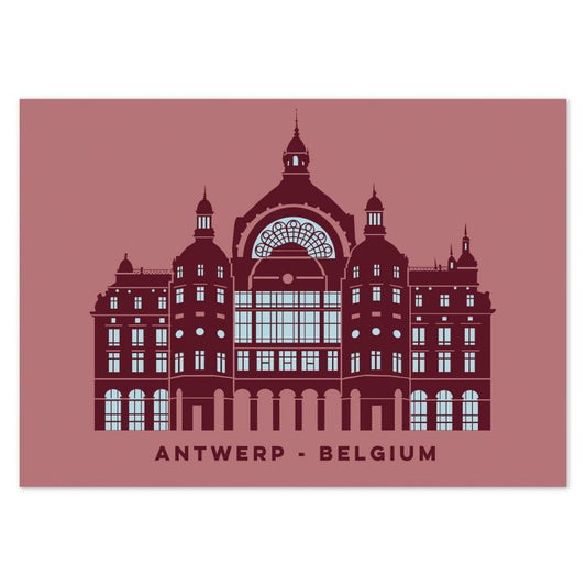 Minimalist illustrated postcard of Antwerp Central Station, Belgium, by Gert Paenen of Studio Frits. Rendered in deep burgundy and pastel blue tones, this elegant artwork highlights the station’s grand architecture and iconic dome, celebrating one of Europe’s most beautiful railway landmarks.