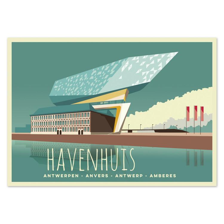 Stylish illustrated postcard of the Port House (Havenhuis) in Antwerp, Belgium, created by Gert Paenen of Studio Frits. The artwork highlights Zaha Hadid’s iconic glass structure rising above the historic fire station, reflected in calm water under soft teal and cream tones — a tribute to Antwerp’s modern architecture.