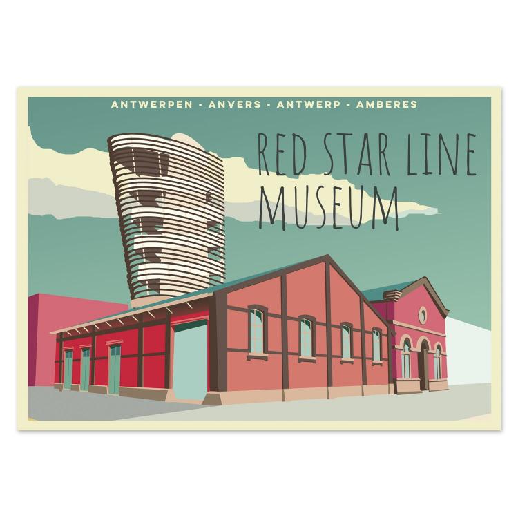 Retro-style illustrated postcard of the Red Star Line Museum in Antwerp, Belgium, by Gert Paenen of Studio Frits. Featuring the historic red brick warehouse and modern tower under a teal sky, this artwork celebrates Antwerp’s maritime history and architectural heritage in bold, minimalist colors.