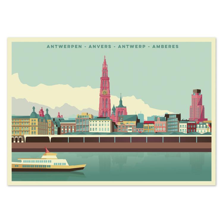 Colorful illustrated postcard of the Antwerp skyline by Belgian artist Gert Paenen of Studio Frits. Featuring the Cathedral of Our Lady, Boerentoren, and riverside buildings reflected on the Scheldt River, this vibrant artwork captures the city’s architectural beauty and timeless charm in bold retro tones.