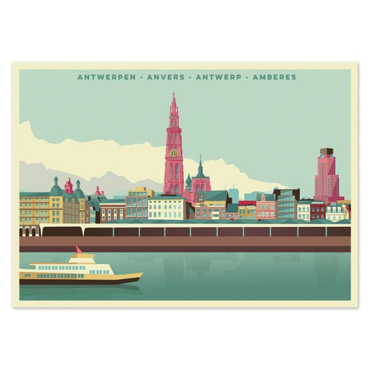 Colorful illustrated postcard of the Antwerp skyline by Belgian artist Gert Paenen of Studio Frits. Featuring the Cathedral of Our Lady, Boerentoren, and riverside buildings reflected on the Scheldt River, this vibrant artwork captures the city’s architectural beauty and timeless charm in bold retro tones.