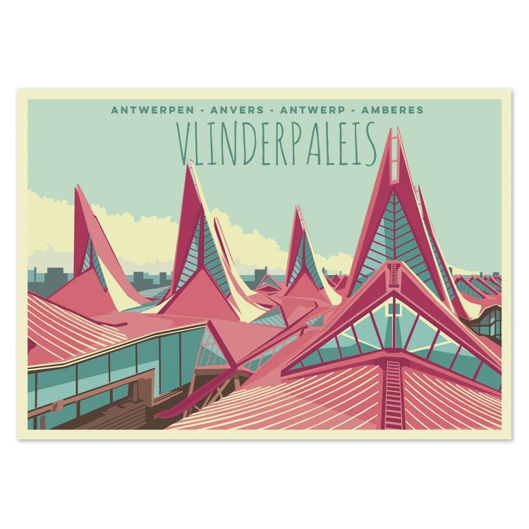 Colorful illustrated postcard of the Vlinderpaleis (Butterfly Palace) in Antwerp, Belgium, by Gert Paenen of Studio Frits. Featuring the building’s striking triangular roofs in vivid red and teal tones, this artwork highlights the modern architectural beauty of Antwerp’s courthouse with a bold, retro aesthetic.
