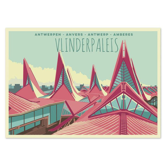 Colorful illustrated postcard of the Vlinderpaleis (Butterfly Palace) in Antwerp, Belgium, by Gert Paenen of Studio Frits. Featuring the building’s striking triangular roofs in vivid red and teal tones, this artwork highlights the modern architectural beauty of Antwerp’s courthouse with a bold, retro aesthetic.