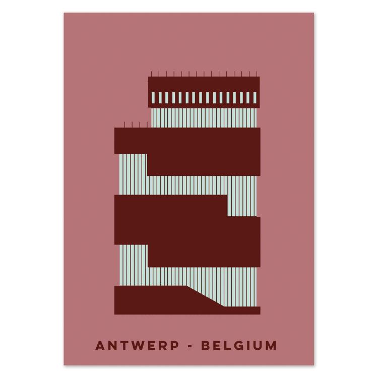 Minimalist illustrated postcard of the MAS Museum in Antwerp, Belgium, by Gert Paenen of Studio Frits. Featuring the museum’s distinctive stacked red sandstone design against a muted rose background, this artwork highlights Antwerp’s modern architecture and cultural identity in clean geometric style.