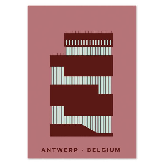 Minimalist illustrated postcard of the MAS Museum in Antwerp, Belgium, by Gert Paenen of Studio Frits. Featuring the museum’s distinctive stacked red sandstone design against a muted rose background, this artwork highlights Antwerp’s modern architecture and cultural identity in clean geometric style.