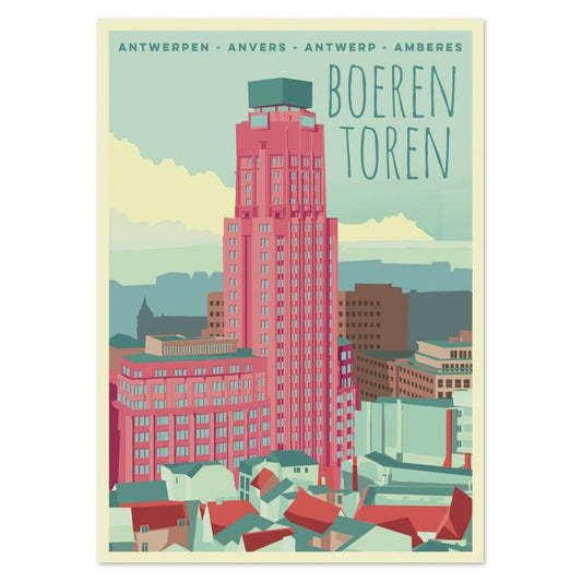 Boerentoren Antwerp illustration by Studio Frits – colorful modern art print of the iconic Art Deco skyscraper in Antwerp, Belgium, architectural wall art in pastel tones, perfect for urban design lovers, available at Galerie Frits