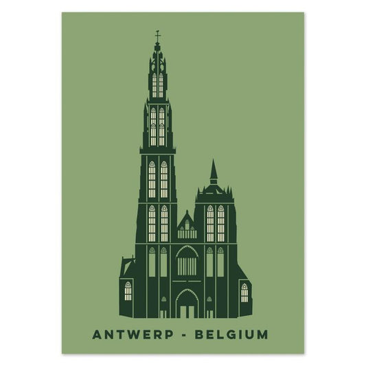 Minimalist illustrated postcard of the Cathedral of Our Lady in Antwerp, Belgium, by Gert Paenen of Studio Frits. Depicted in dark green tones against a soft green background, this elegant artwork highlights the Gothic beauty and iconic silhouette of Antwerp’s most famous landmark.