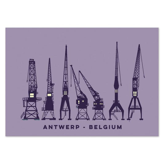 Minimalist illustrated postcard of the historic harbor cranes in Antwerp, Belgium, by Gert Paenen of Studio Frits. Set against a soft purple background, this elegant artwork captures the industrial beauty and maritime heritage of Antwerp’s port in clean, modern lines.