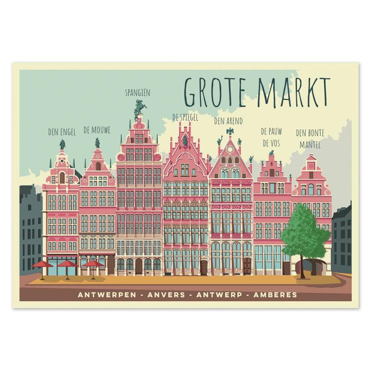 Colorful illustration postcard of Antwerp’s Grote Markt historic buildings by Studio Frits, modern architectural art on heavyweight paper – Belgian cityscape wall decor available in A4 and 30x40 cm sizes