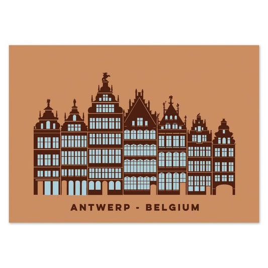 Minimalist illustrated postcard of Antwerp’s Grote Markt, Belgium, by Gert Paenen of Studio Frits. Featuring the elegant guild houses with ornate gables in brown and light blue tones on a warm ochre background, this artwork celebrates the city’s historic heart and architectural beauty.