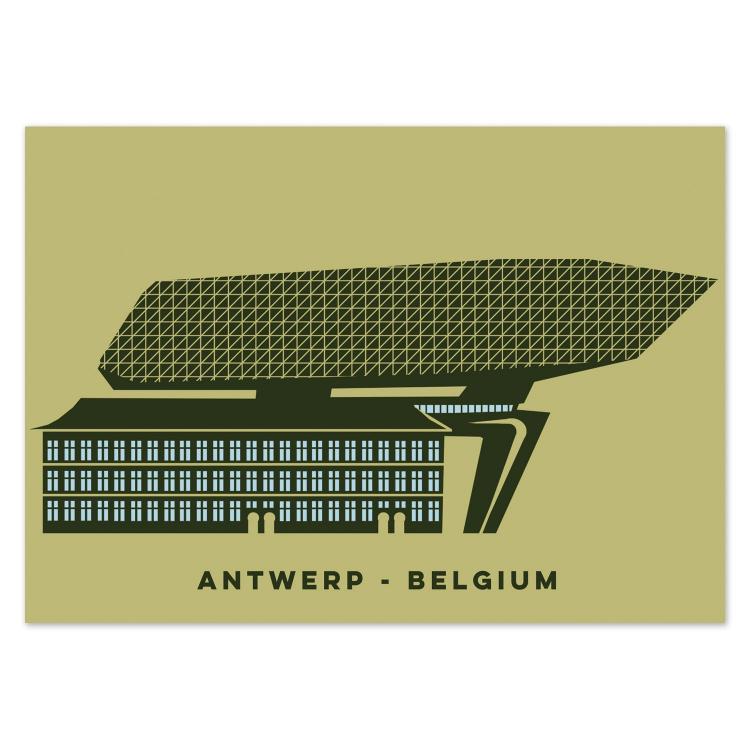 Minimalist illustrated postcard of the Port House (Havenhuis) in Antwerp, Belgium, by Gert Paenen of Studio Frits. Showing Zaha Hadid’s futuristic glass structure above the historic fire station in dark green tones, this artwork celebrates Antwerp’s blend of modern innovation and architectural heritage.