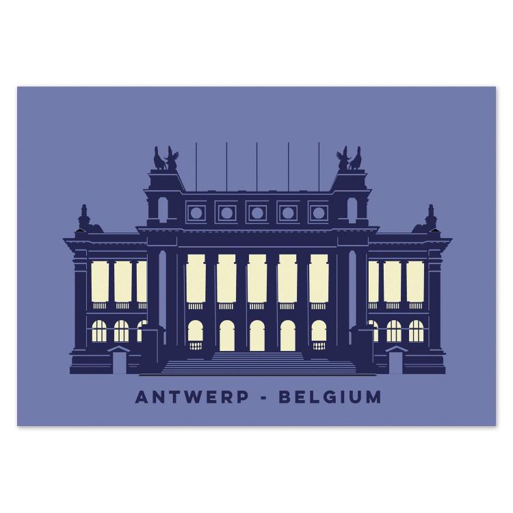 Minimalist illustrated postcard of the KMSKA (Royal Museum of Fine Arts Antwerp) by Gert Paenen of Studio Frits. Depicted in deep blue and cream tones, this elegant artwork highlights the museum’s neoclassical façade, celebrating Antwerp’s rich artistic and architectural heritage.
