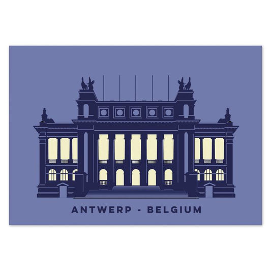 Minimalist illustrated postcard of the KMSKA (Royal Museum of Fine Arts Antwerp) by Gert Paenen of Studio Frits. Depicted in deep blue and cream tones, this elegant artwork highlights the museum’s neoclassical façade, celebrating Antwerp’s rich artistic and architectural heritage.